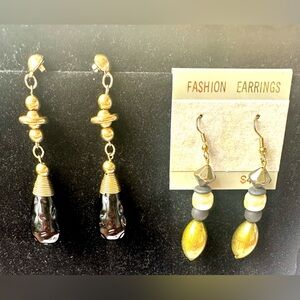 Vintage TearDrop Long 3" Dangle Hook Gold Black Earring Lot of 2